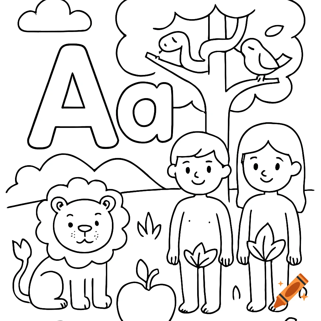 Preschool friendly coloring page of capital and lowercase 'A' with Adam, Eve, a lion, snake, and apple in the Garden of Eden.