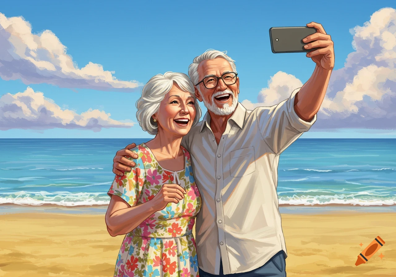 A happy elderly couple with white hair and smiles takes a selfie on a sunny beach with blue ocean and sky.