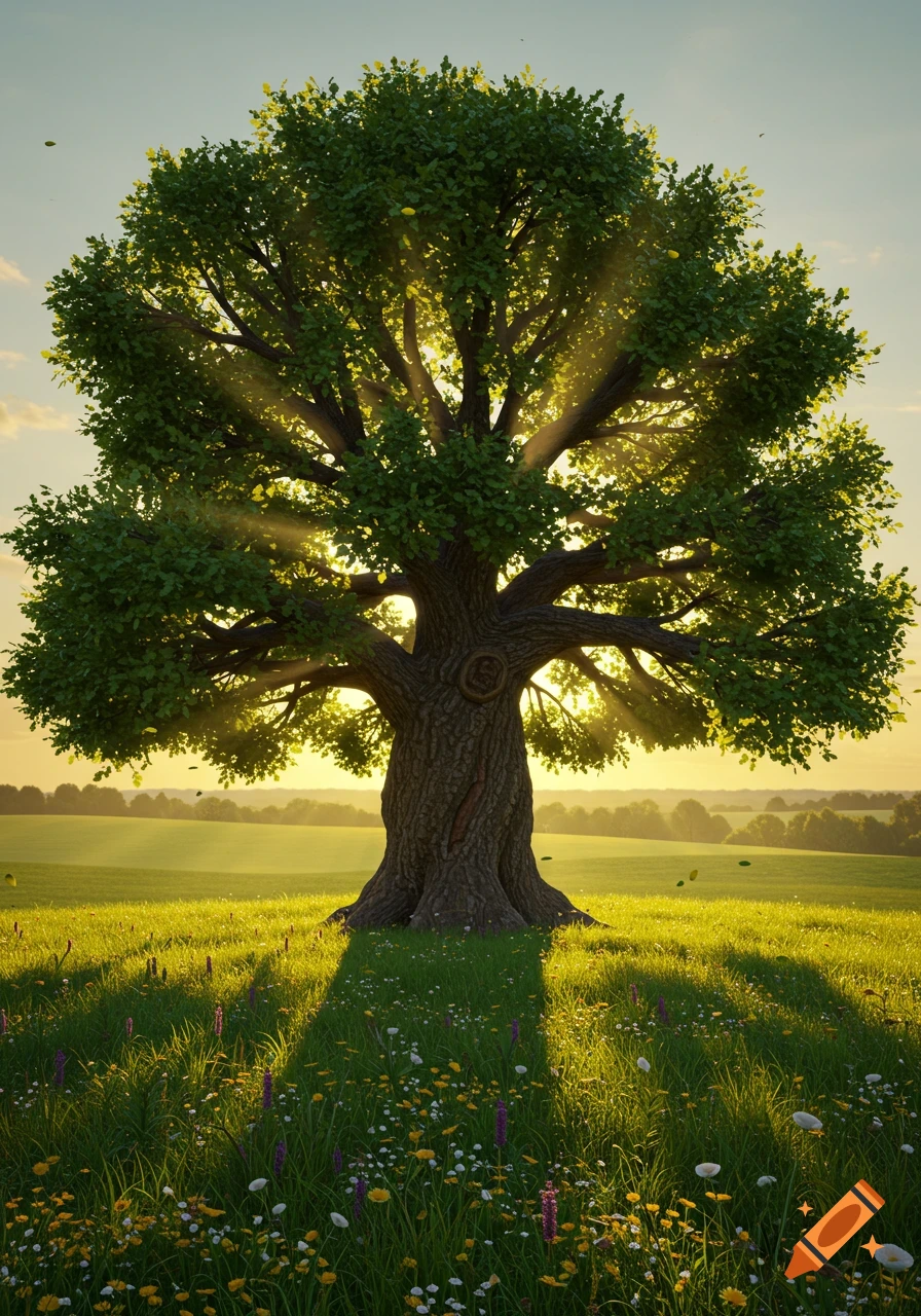 A large, old tree with green leaves in a sunlit field with wildflowers at golden hour, photorealistic.