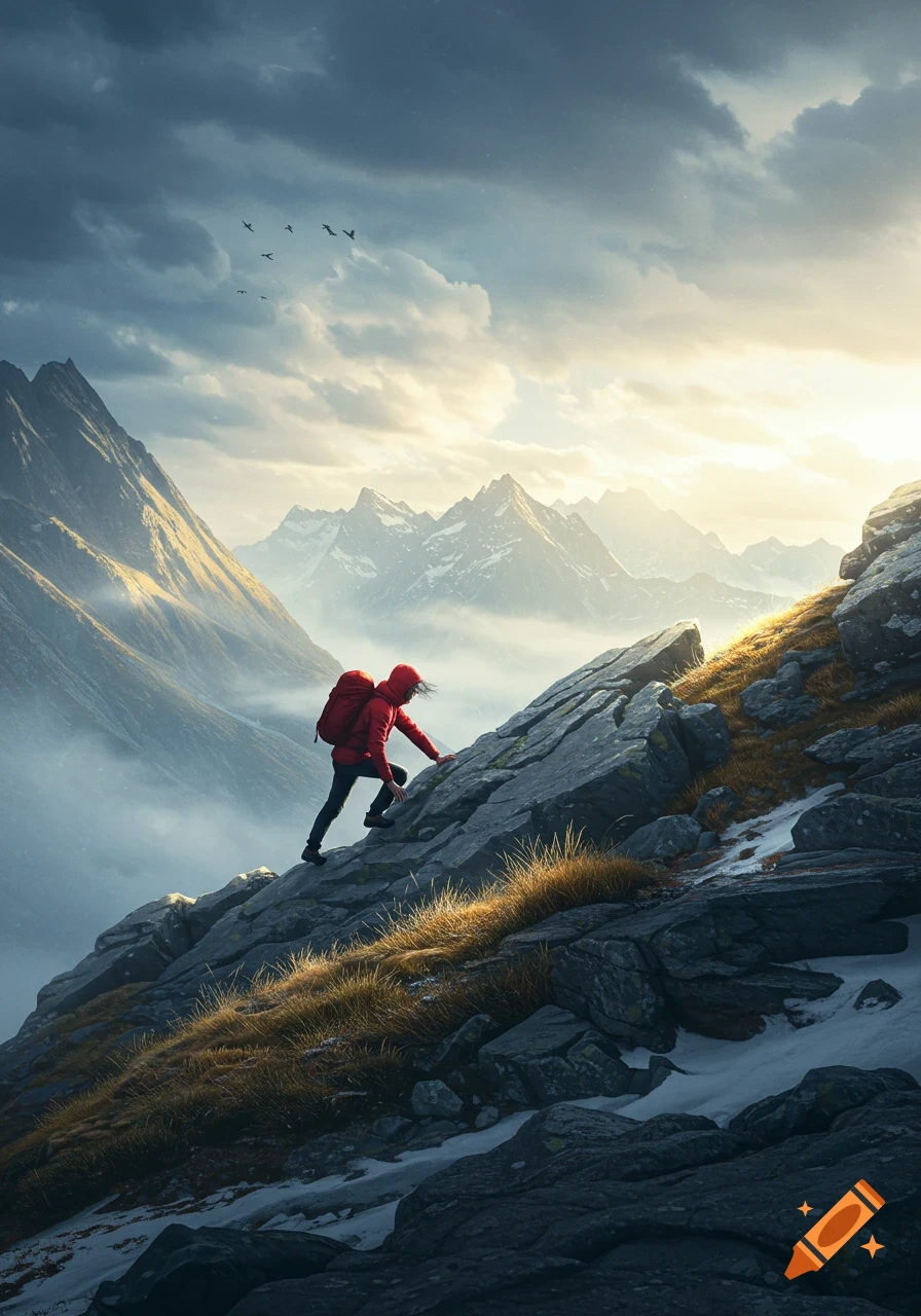 A person in a red jacket and backpack climbs a rocky mountain with snow patches, under a cloudy sky with sunlight and distant peaks.