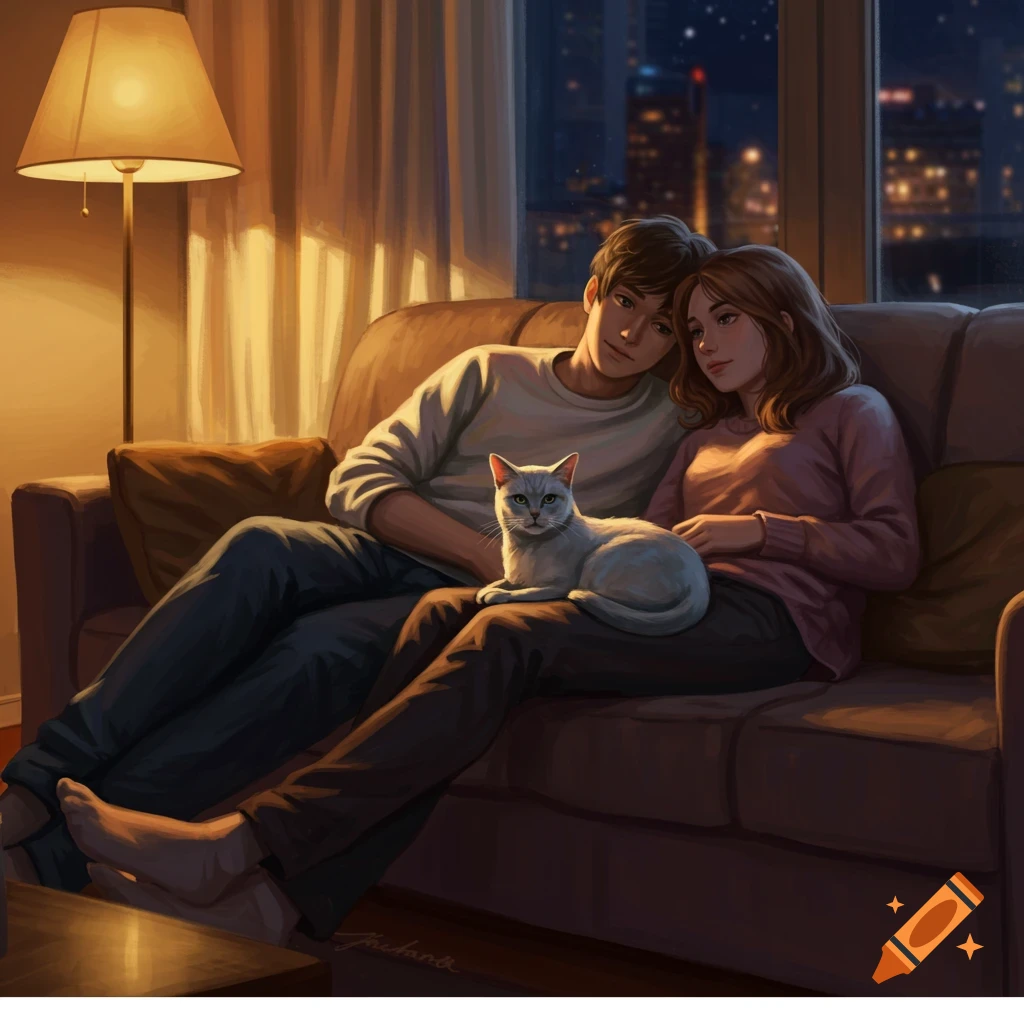 An illustrative image of a man and woman on a couch, a white cat on her lap. Warm lamp light, city night view.