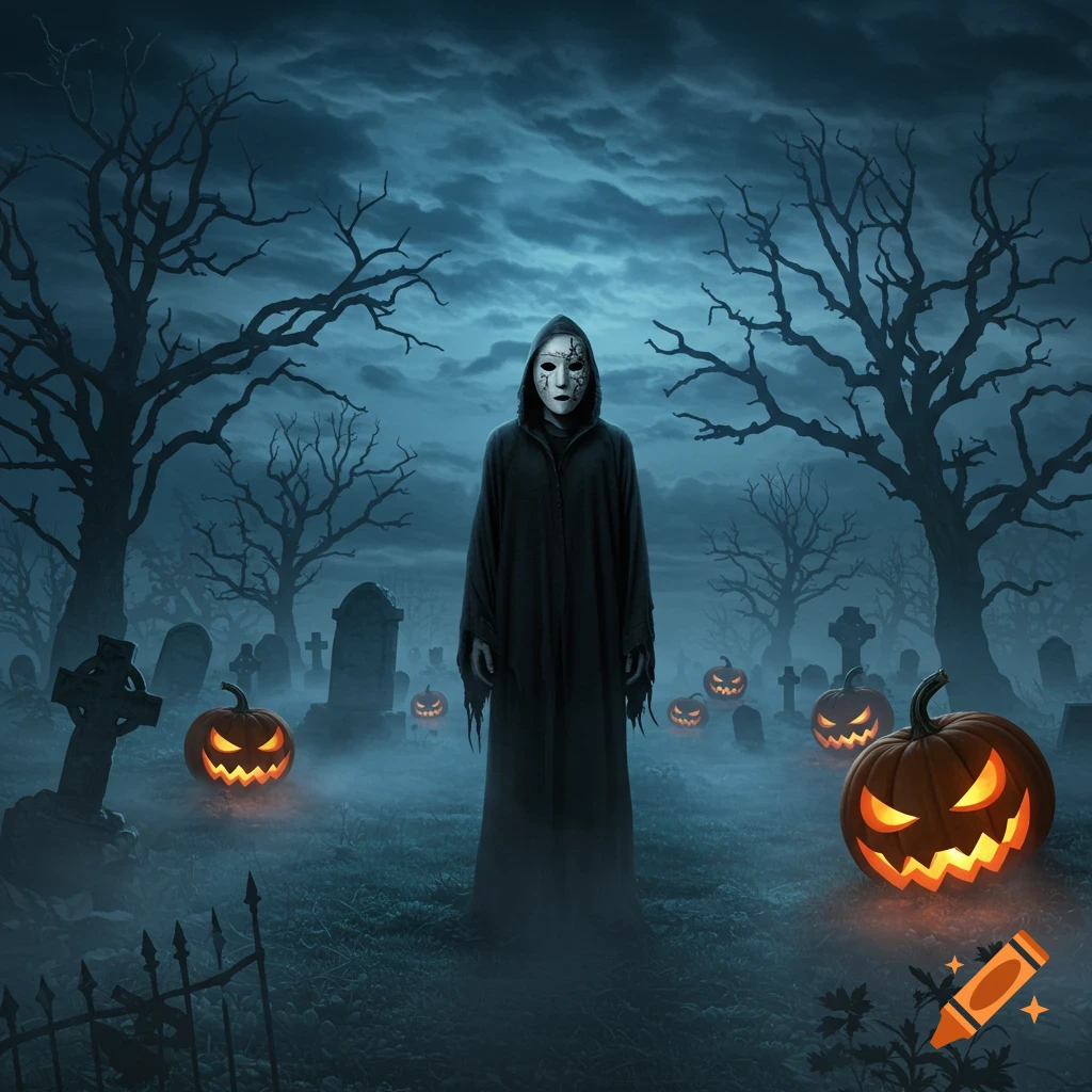 A masked, hooded figure stands amidst glowing jack-o'-lanterns and tombstones in a foggy, moonlit graveyard.