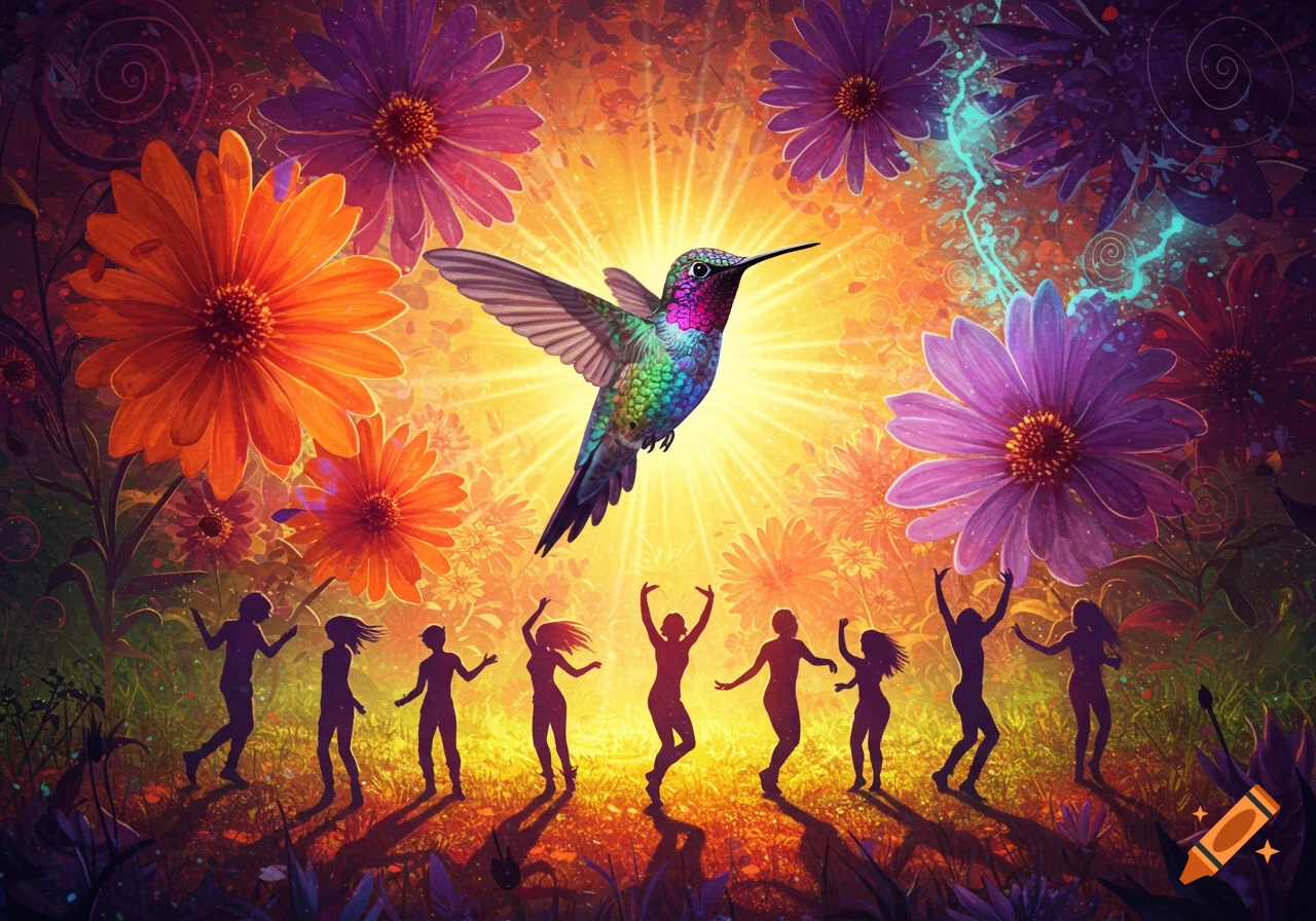 Vibrant psychedelic art with a colorful hummingbird, glowing flowers, and silhouettes of people dancing in a sunlit field.