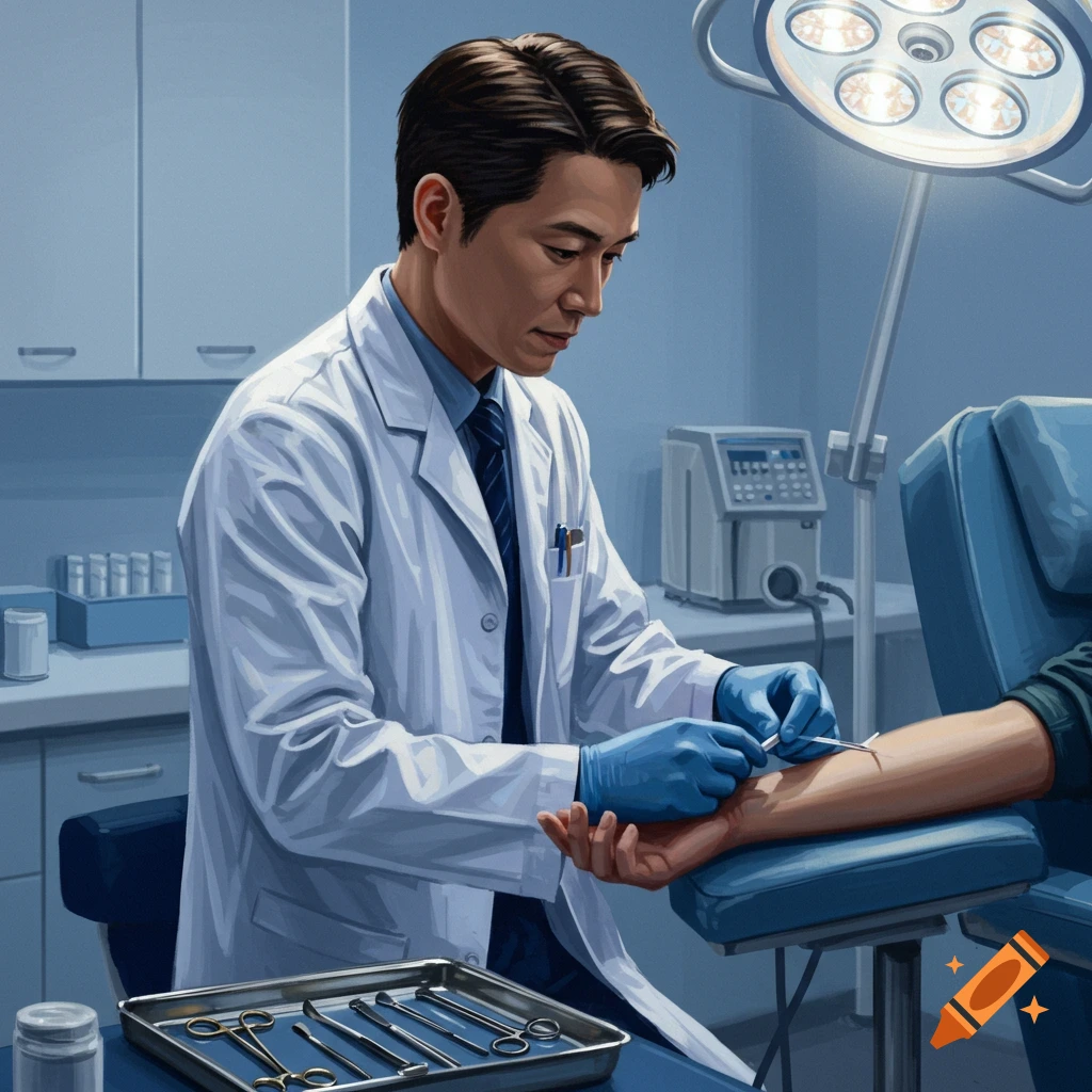 A doctor in a white lab coat and blue gloves performs a medical procedure on a patient's arm in a clinic.