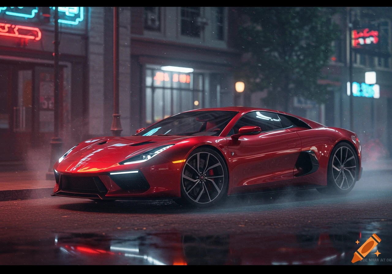 A gleaming red sports car is parked on a wet city street at night, reflecting neon lights from surrounding buildings.