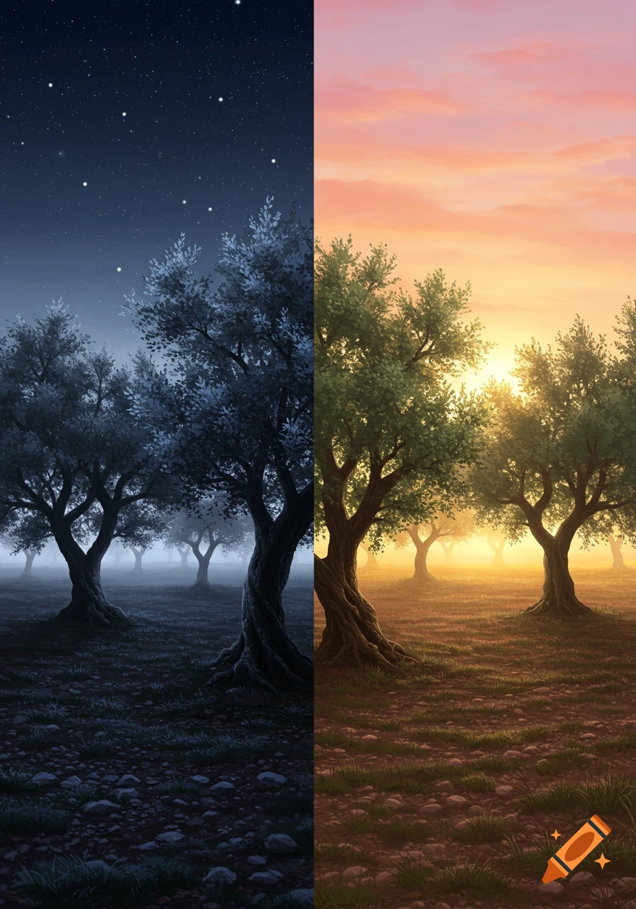 A split image showing an olive grove at night with stars on the left and the same grove at sunrise with warm light on the right.