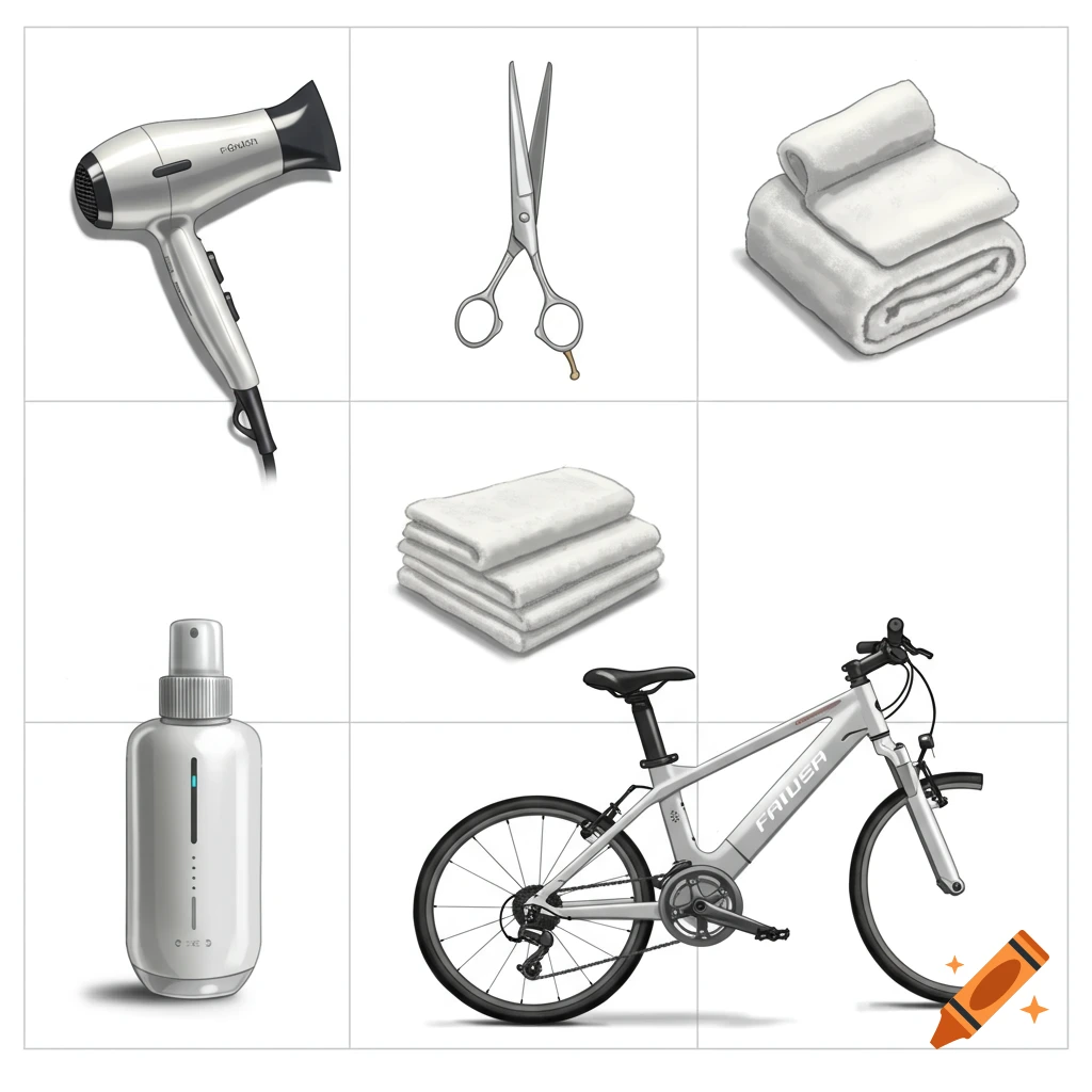 A white grid with a hairdryer, scissors, two stacks of white towels, a white spray bottle, and a white bicycle with black wheels and seat.