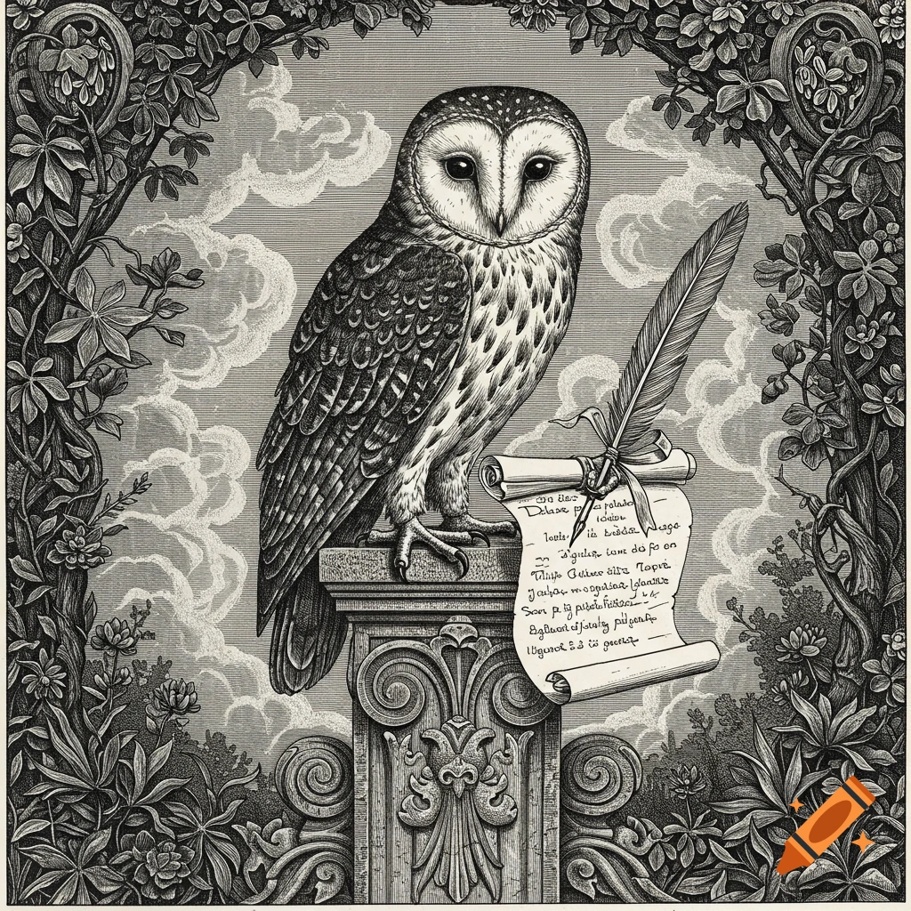 A detailed black and white engraving of a barn owl perched on a decorative stone pillar, holding a scroll and quill, framed by intricate foliage.