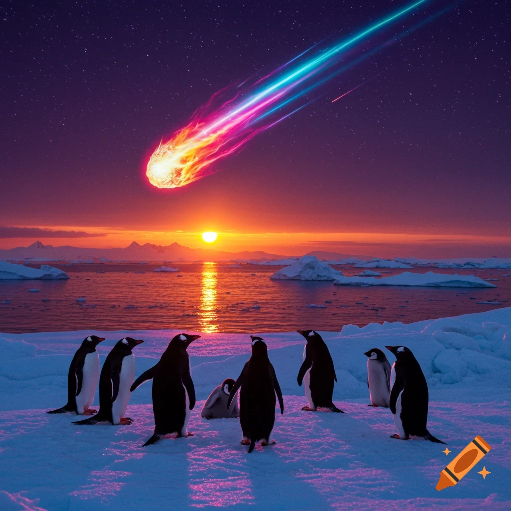 A group of penguins on an icy landscape watches a vibrant, colorful meteorite streak across a purple sunset sky with an orange sun reflecting on the water.