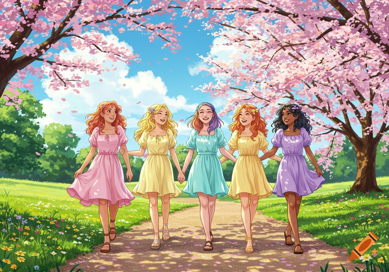 Five smiling women in colorful dresses walk hand-in-hand through a vibrant cherry blossom park, cartoon style.