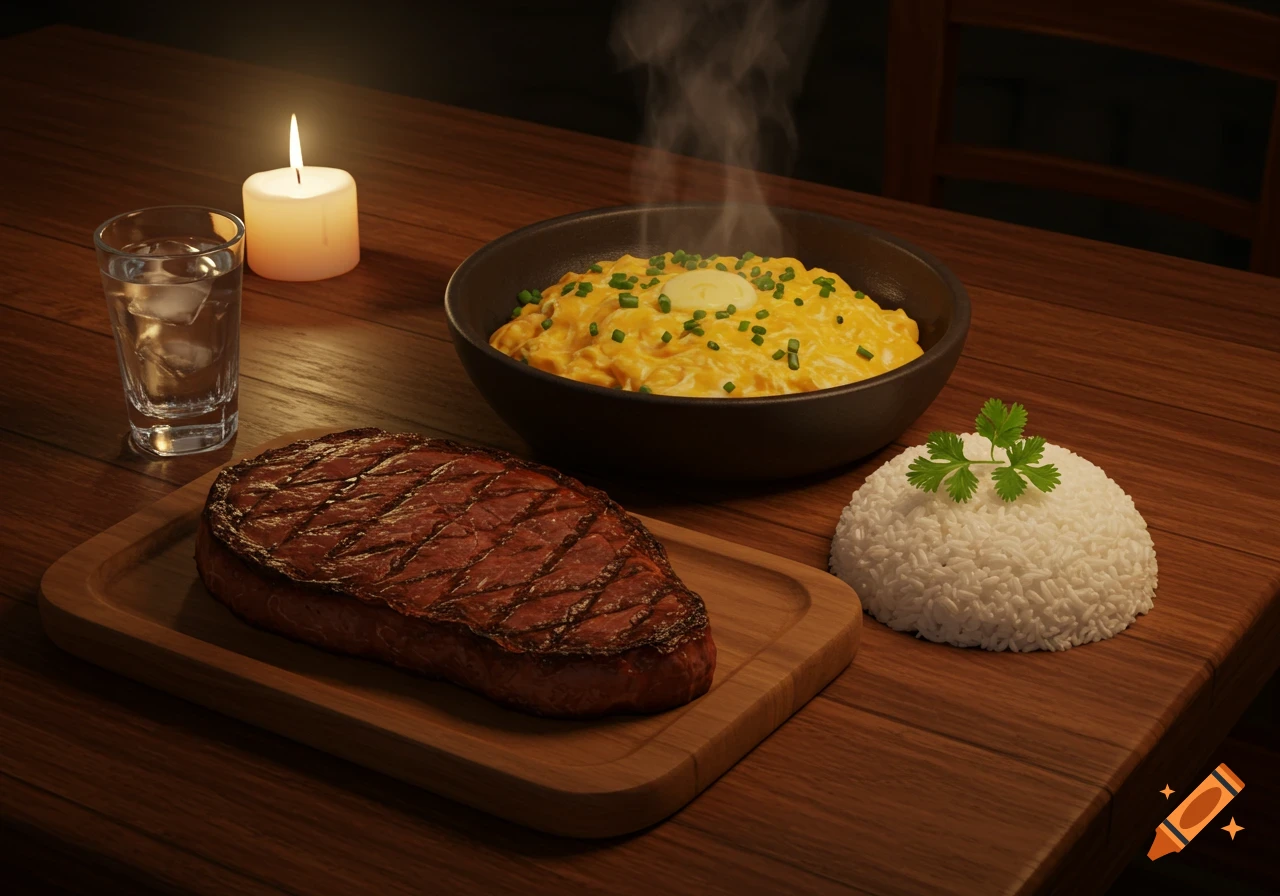 A photorealistic image of a meal with grilled steak, scrambled eggs, and white rice on a wooden table, lit by a candle, with a glass of water.