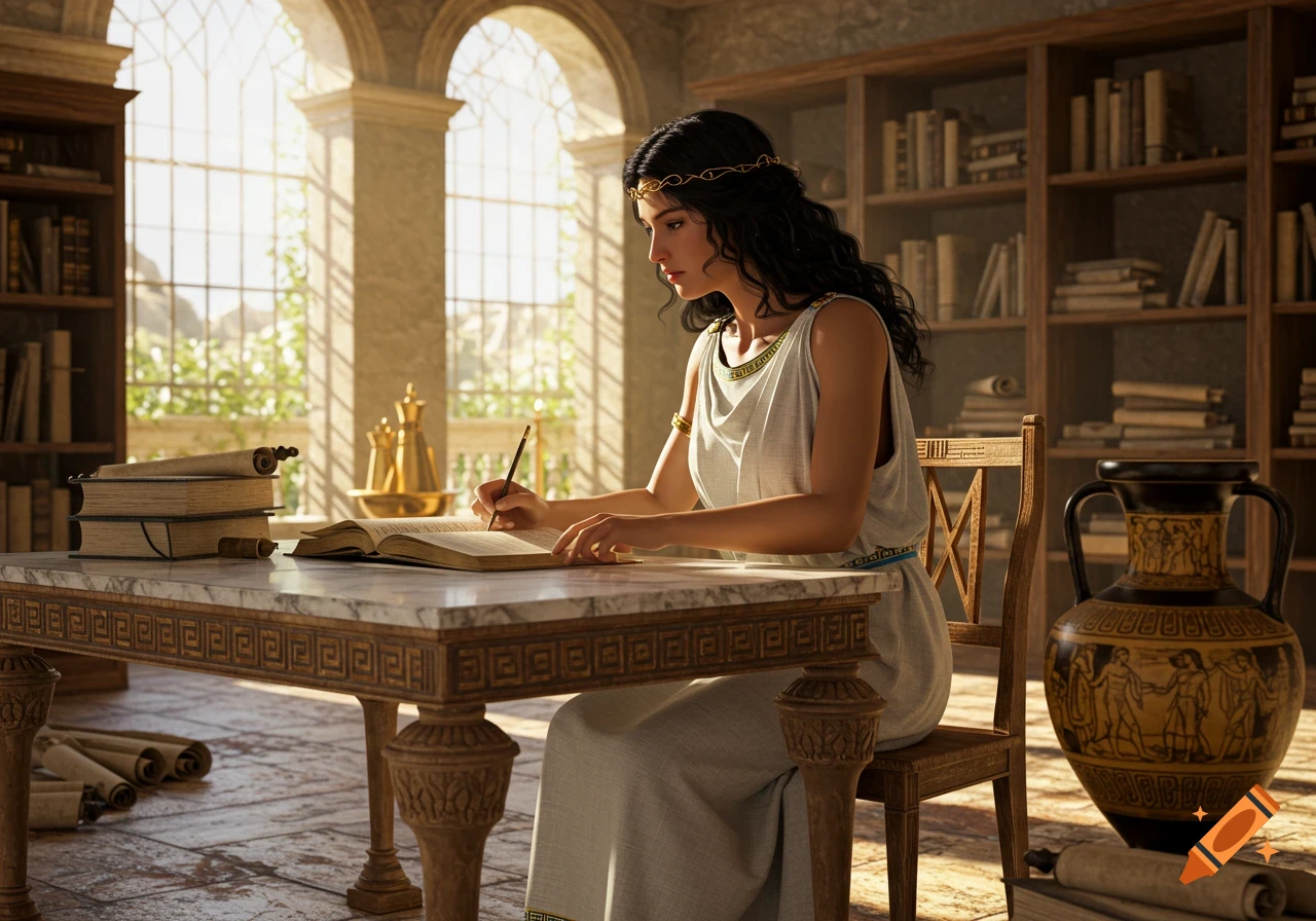 A young woman with dark curly hair and a golden headband sits at a marble table, writing in a book in a sunlit classical library.