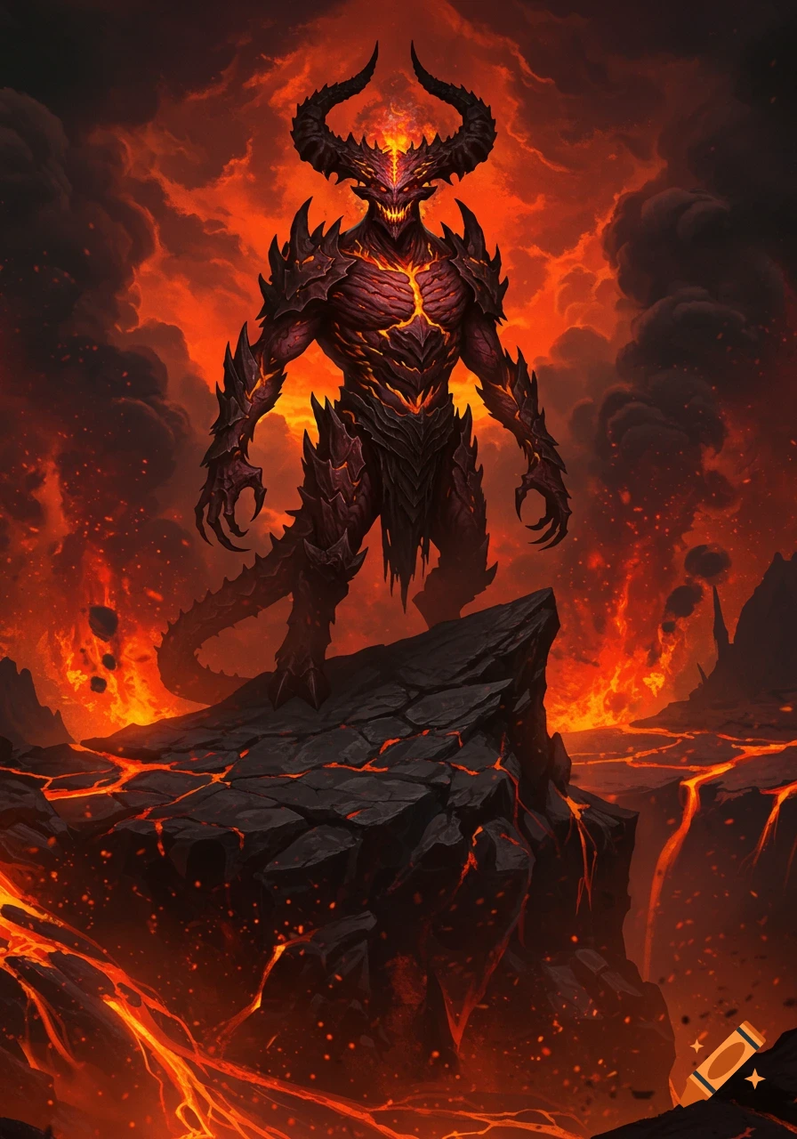 A demonic creature with horns and glowing eyes stands on a rock in a hellish landscape of lava and fiery clouds.