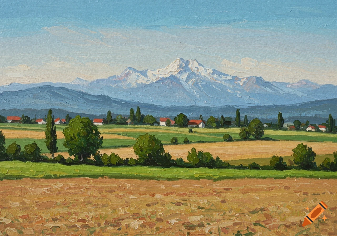 An oil painting of cultivated fields and green trees with red-roofed houses nestled at the base of snow-capped mountains under a clear sky.