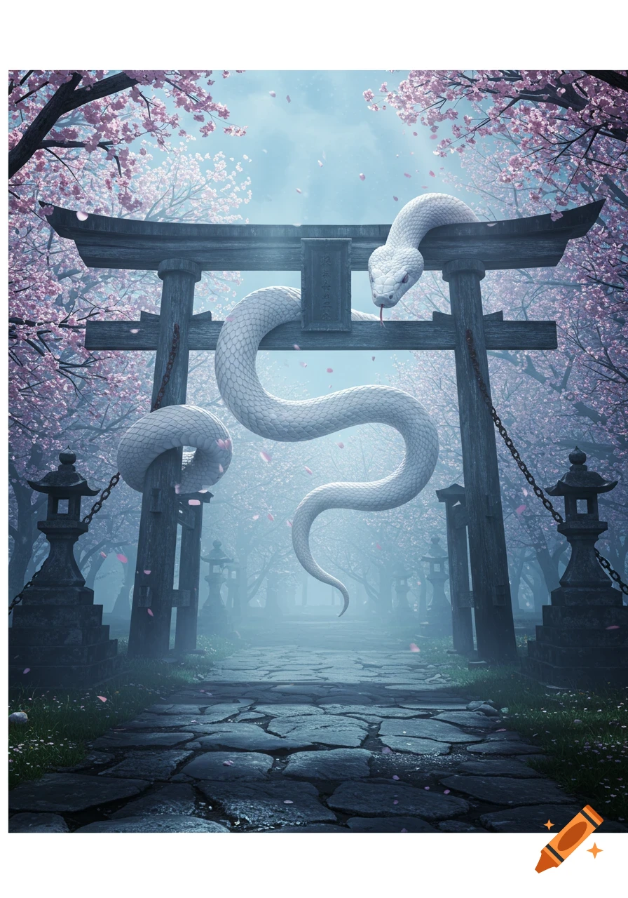 A large white snake with pink eyes and tongue draped over a wooden Japanese torii gate, surrounded by pink cherry blossom trees and a misty path.