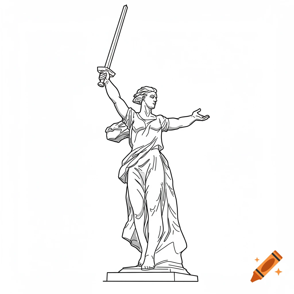 Black and white line art drawing of a towering female statue holding a sword aloft, resembling The Motherland Calls.