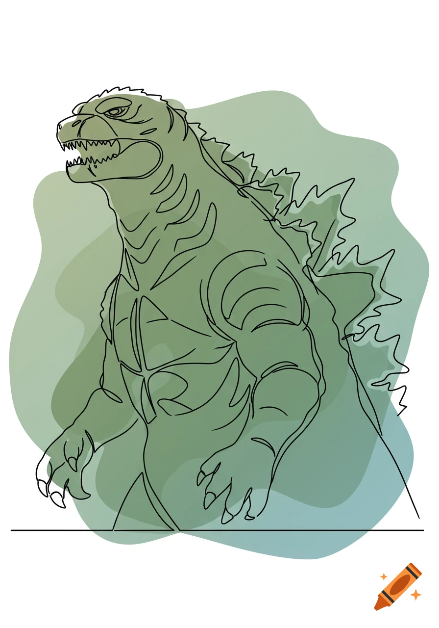One-line drawing of Godzilla with green and blue watercolor background