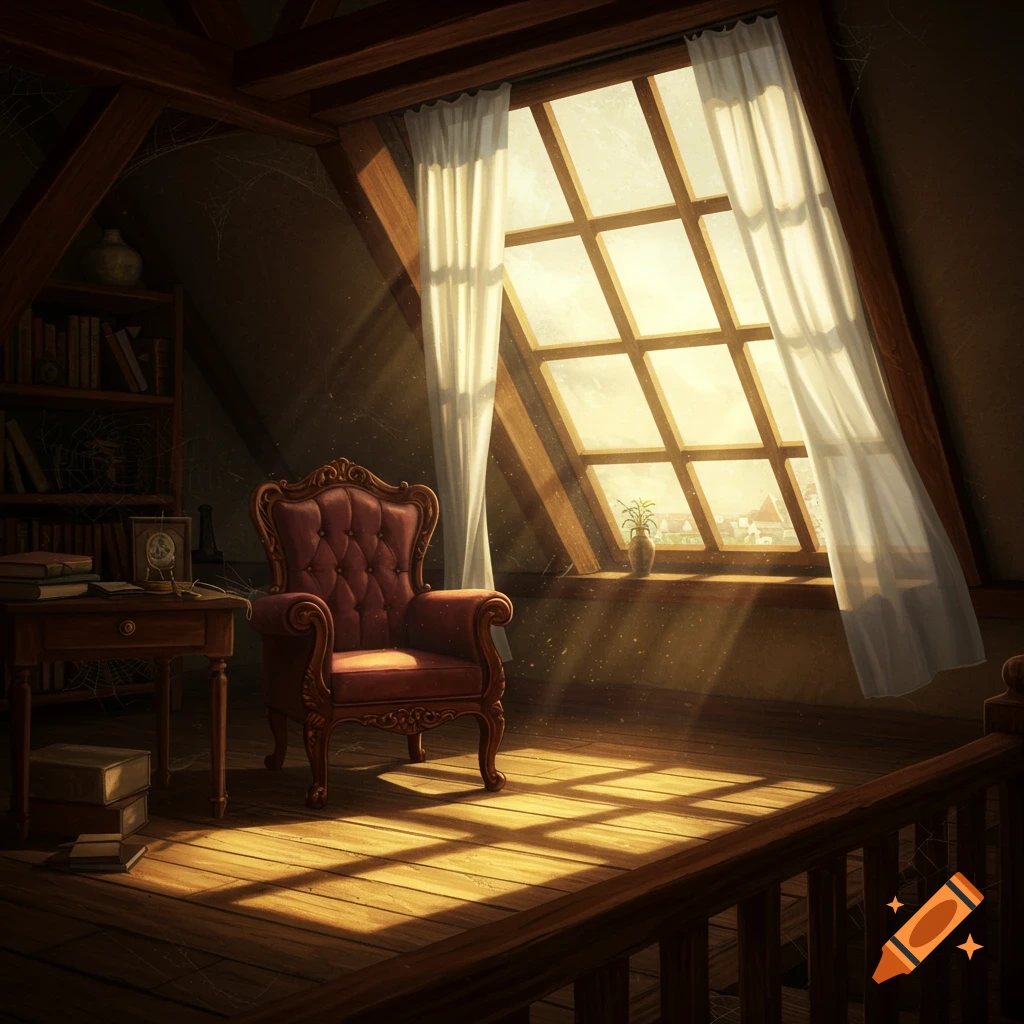 A sunlit attic room featuring a red upholstered armchair, a small desk, bookshelves, and a large window with white curtains casting light patterns on the wooden floor.