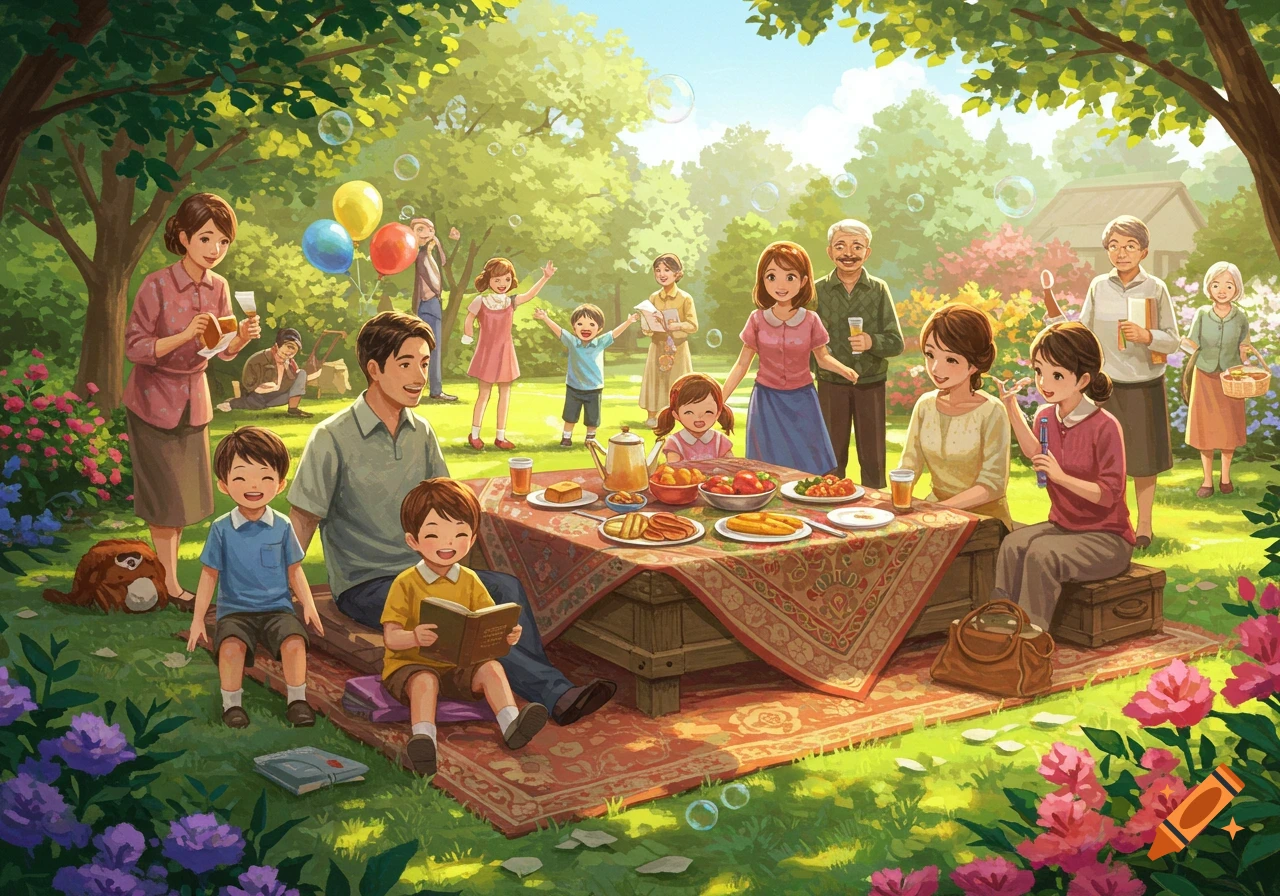 A vibrant illustration of a large, multi-generational family having a picnic in a sunny park. Children play, adults chat around a food-laden table, surrounded by trees, flowers, and floating bubbles.