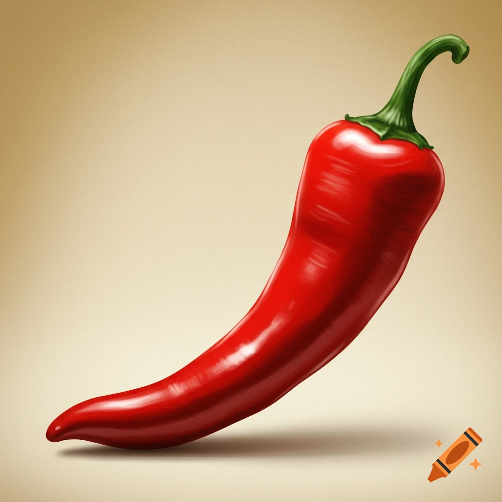A vibrant red chili pepper with a green stem, casting a shadow on a light brown background in a realistic illustration style.