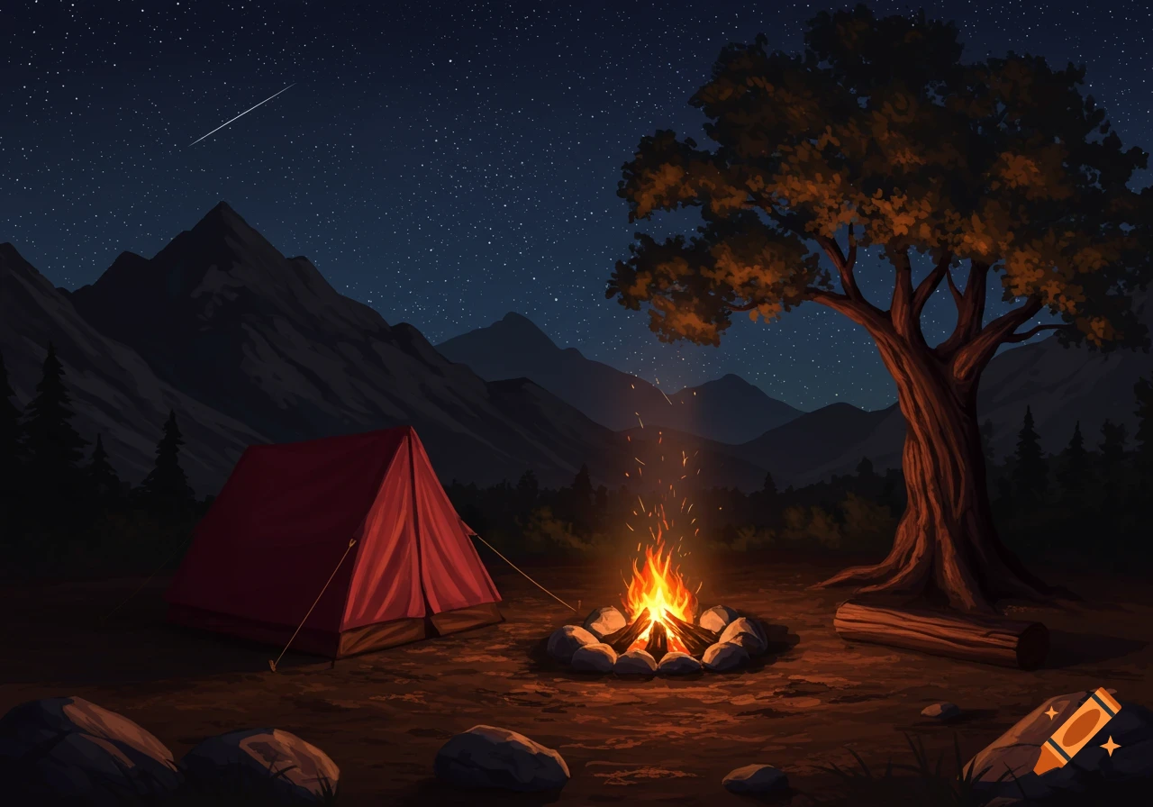 A red tent and a roaring campfire illuminate a night camping scene, with mountains, a large tree, and a starry sky.