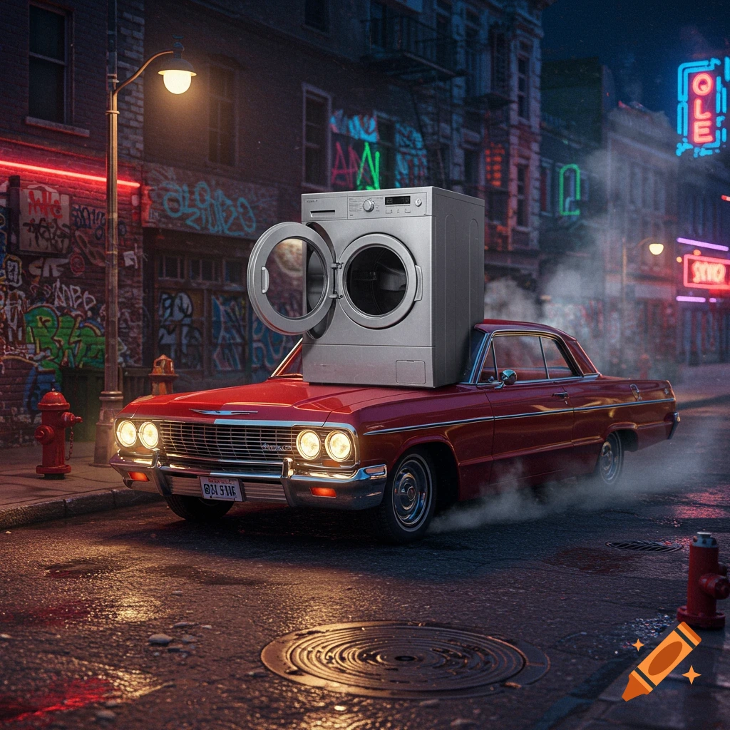 A red classic Chevrolet Impala drives down a wet, neon-lit city street at night with a large silver washing machine strapped to its roof, smoke trailing behind.
