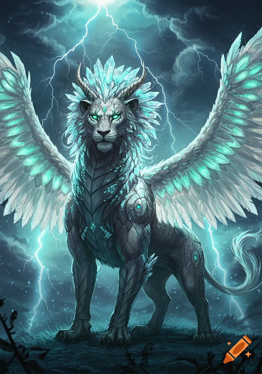 A majestic winged lion-like creature with glowing emerald eyes and a crystal mane stands under a stormy sky with lightning, in a fantasy art style.