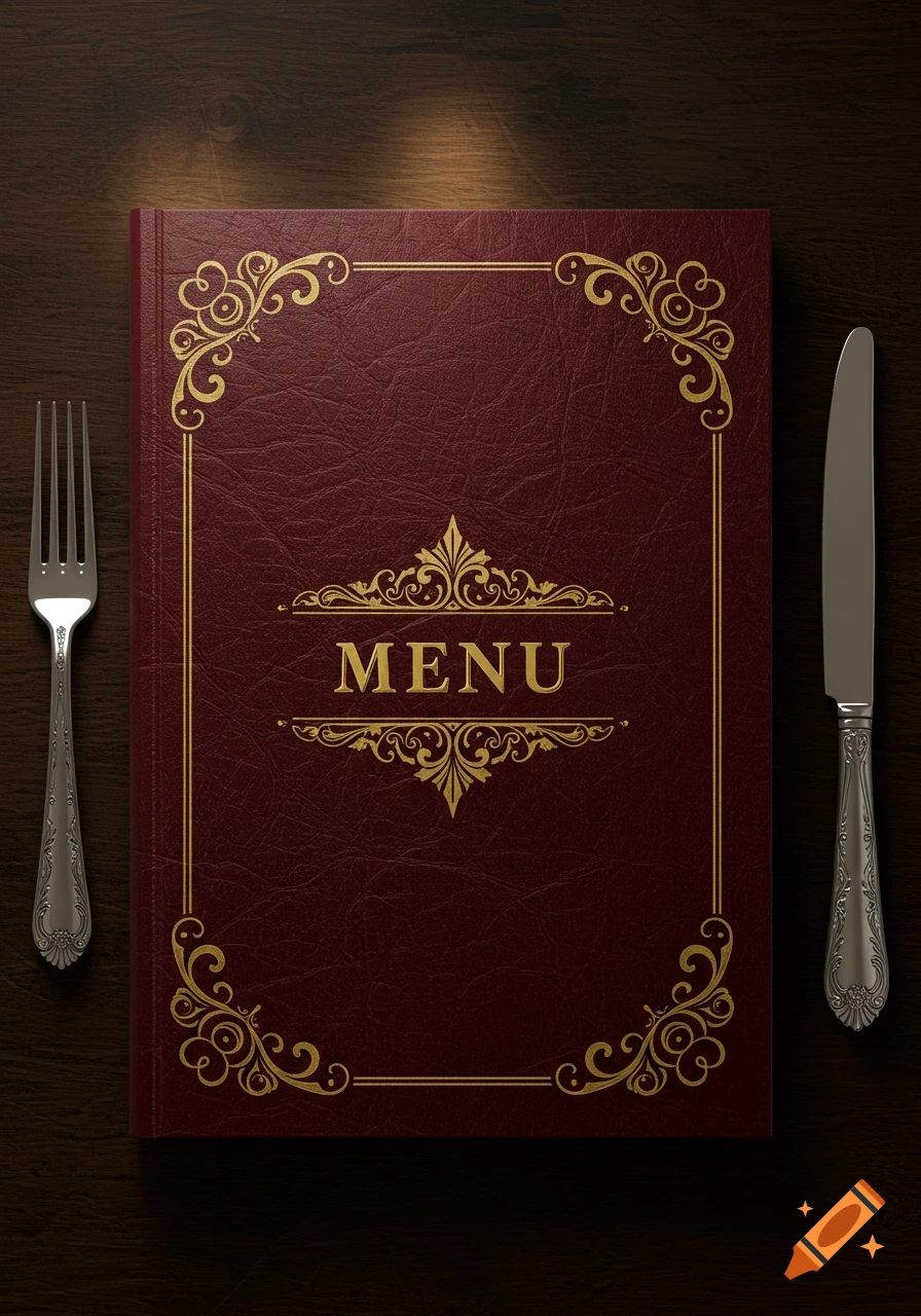 Dark red leather menu book with gold ornate trim and 'MENU' on a wooden table, flanked by a silver fork and knife.
