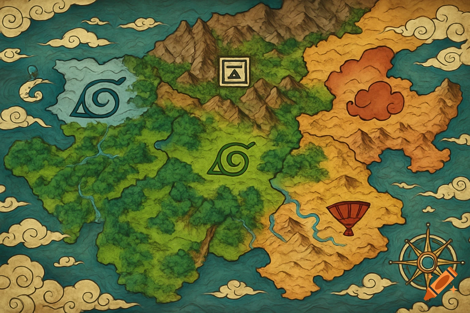 An illustrated map of the Naruto world, featuring distinct country regions, mountains, forests, oceans, and village symbols.