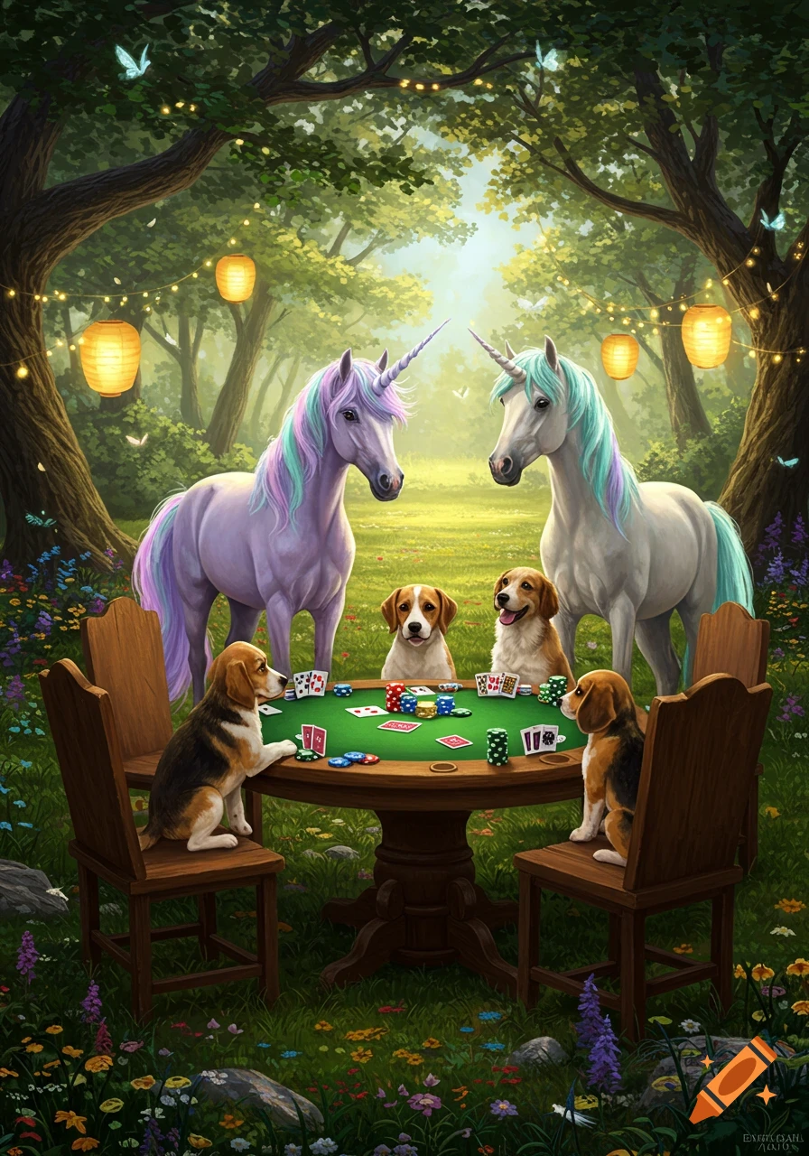 Whimsical illustration of two unicorns and four beagle puppies playing poker at a table in an enchanted forest with lanterns.
