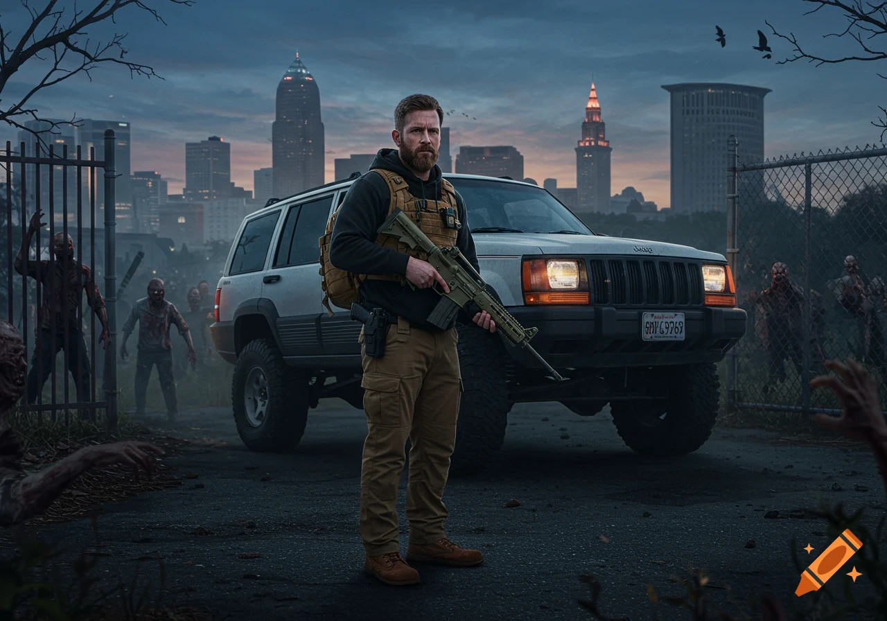 A bearded man holding an AR-15 stands in front of a white Jeep with zombies behind a fence in a post-apocalyptic city.