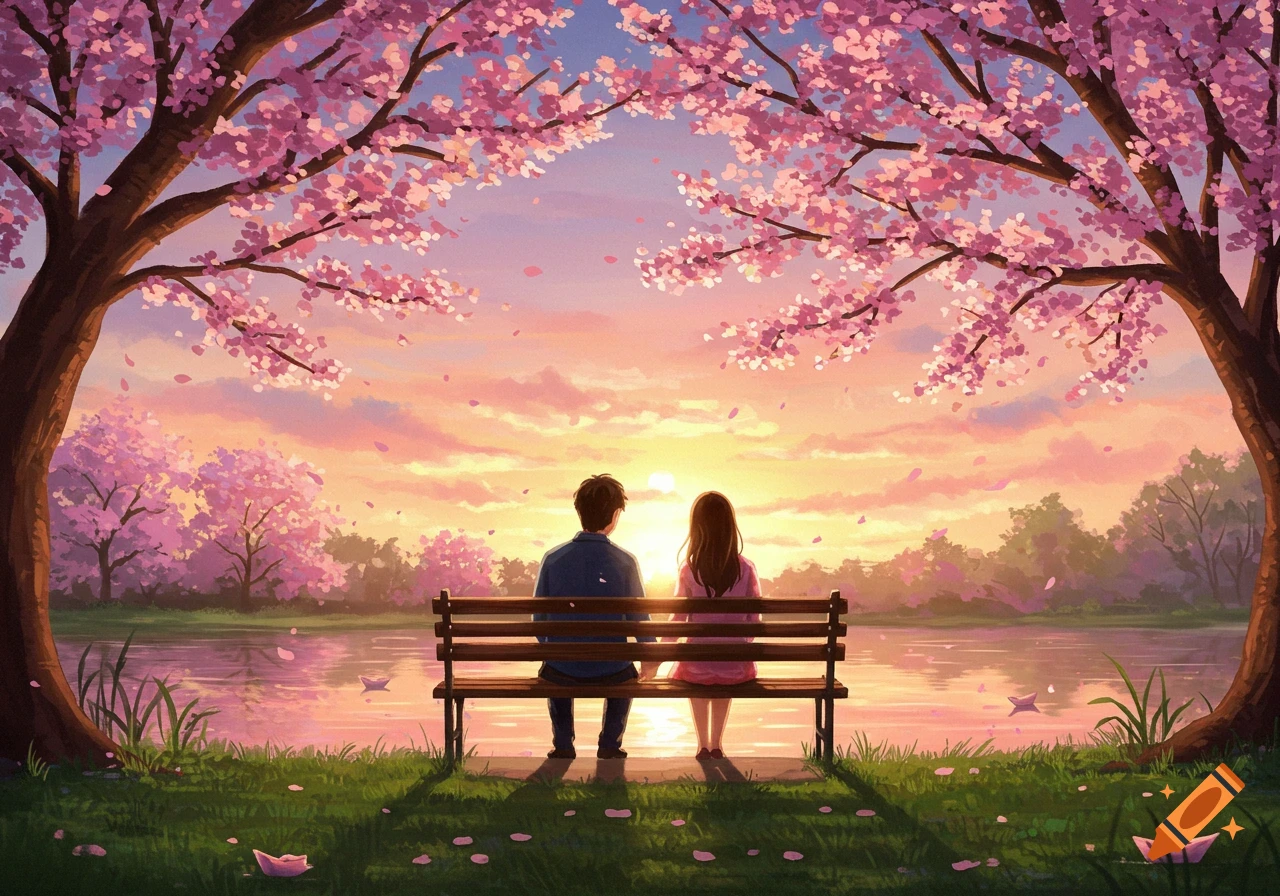 An anime couple sits on a bench under cherry blossom trees, watching ...