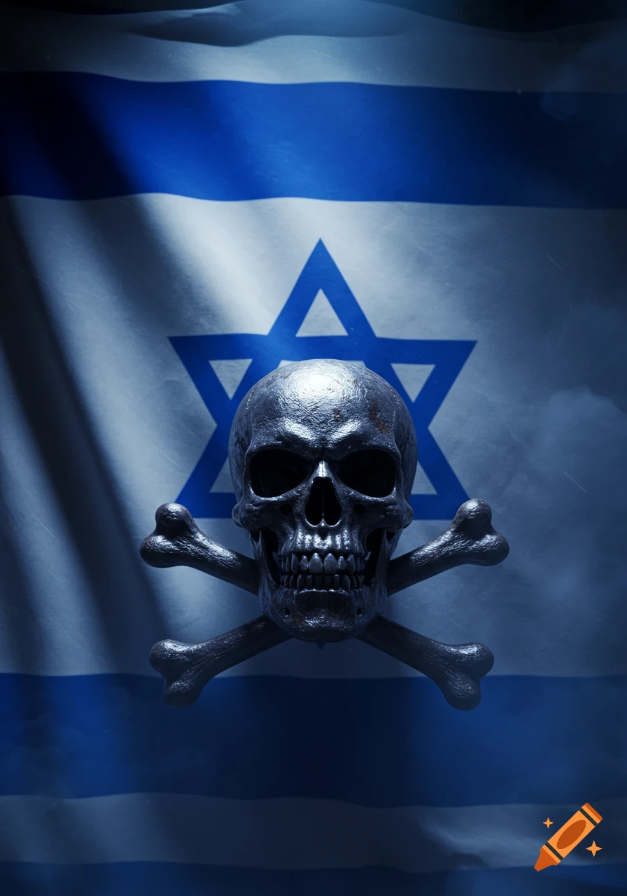 A dark, photorealistic image of a metallic skull and crossbones overlaying a rippling Israeli flag with dramatic lighting.