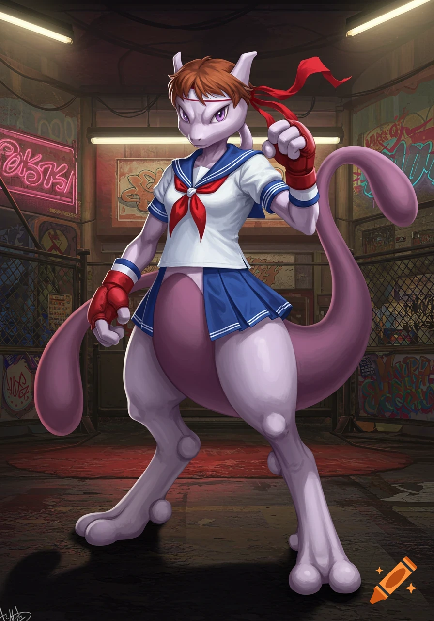 Mewtwo in a sailor uniform and red fighting gloves, standing in a graffiti-covered alley, in an anime art style.