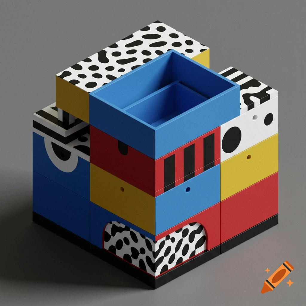 A colorful, geometric isometric organizer with black, white, red, yellow, and blue blocks featuring various patterns.