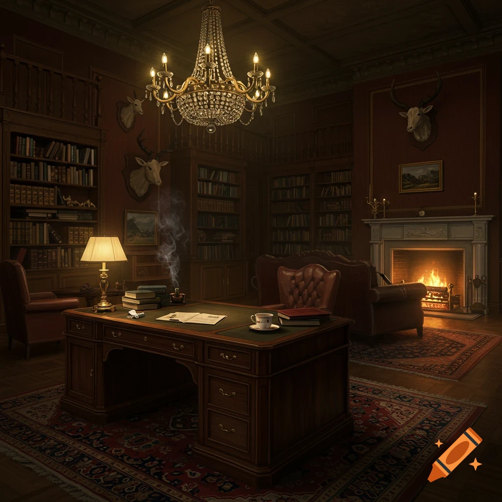 A dimly lit, grand study room with a large wooden desk, bookshelves, a fireplace, and a crystal chandelier.