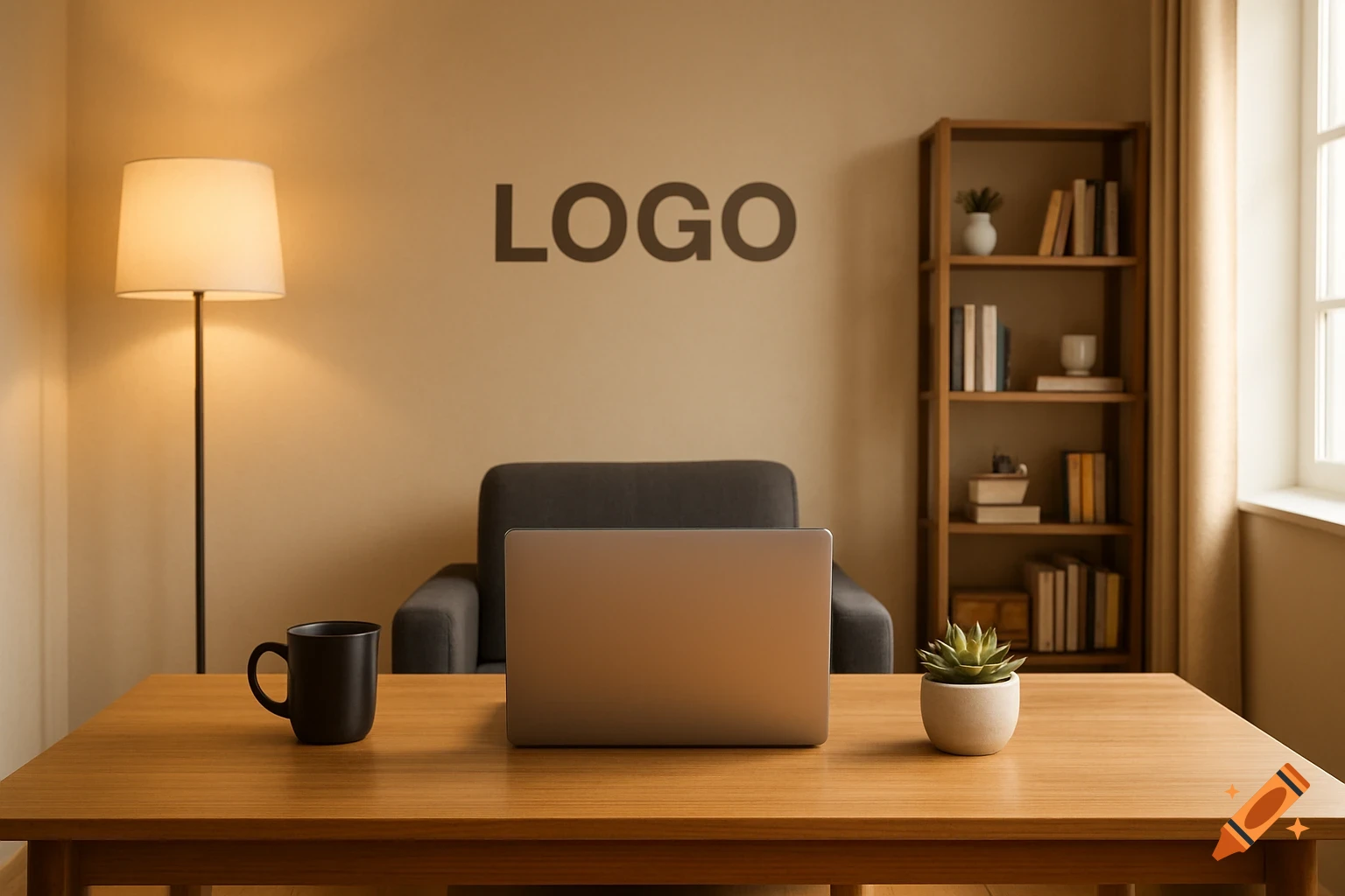 A cozy, realistic office room with a wooden desk, closed laptop, black mug, and succulent. A floor lamp, armchair, and bookshelf with books are visible. The word 'LOGO' is on the wall, indicating a placeholder.