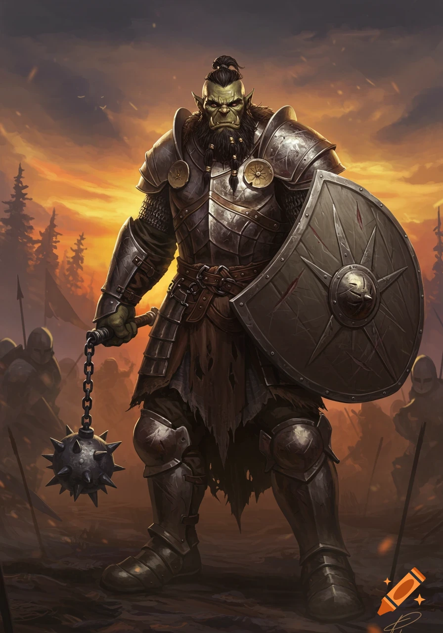 A green-skinned, bearded orc warrior in full plate armor holds a spiky flail and shield on a battlefield at sunset.