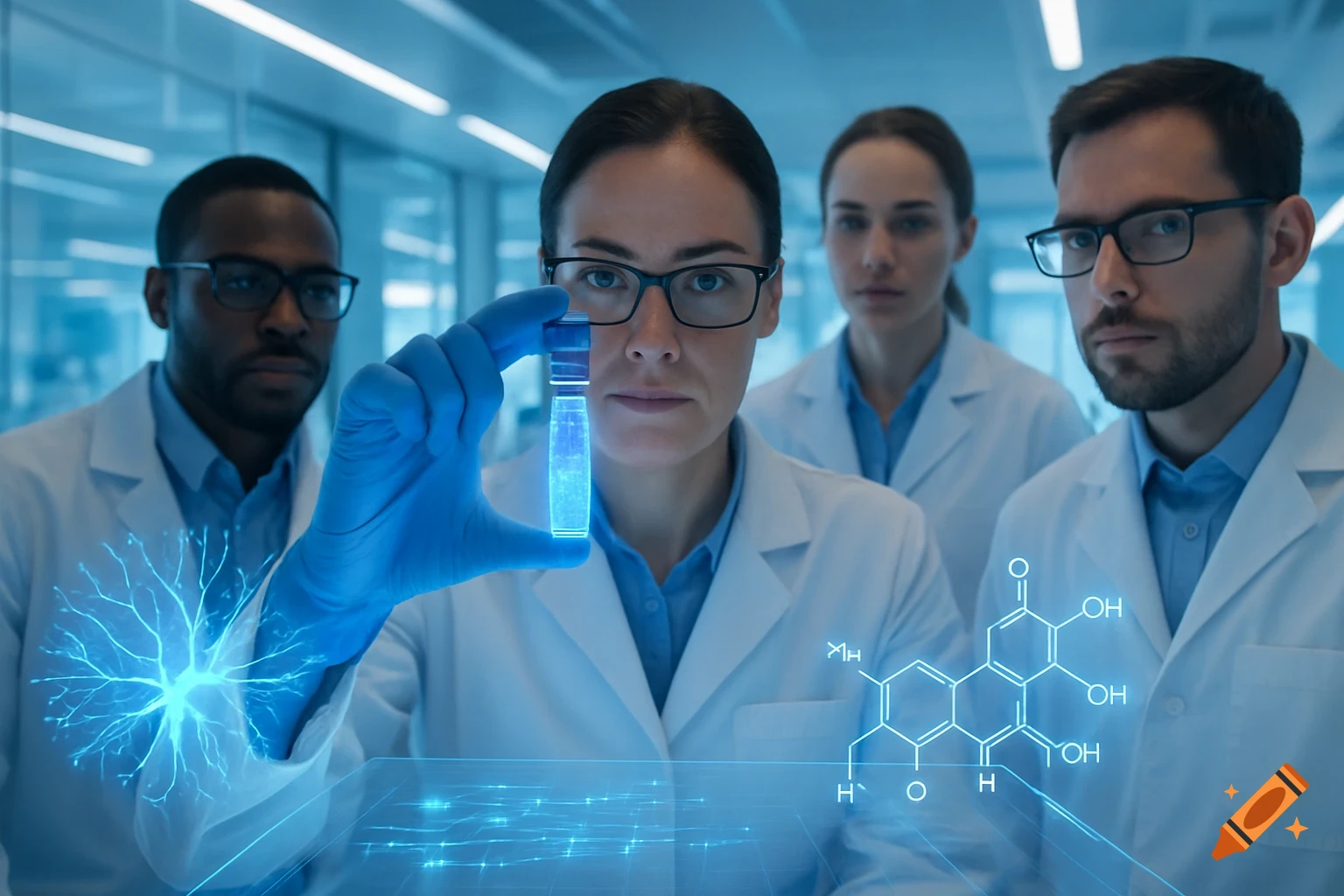 Four scientists in lab coats, one holding a glowing vial, with holographic chemical structures and a neural network overlay in a blue-lit laboratory.