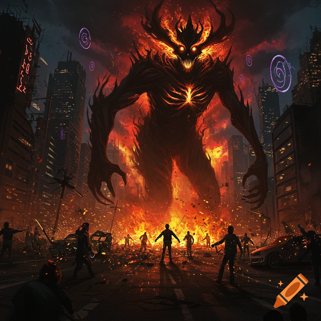 Giant fiery monster rages through a burning city with people fleeing, dark fantasy art style.