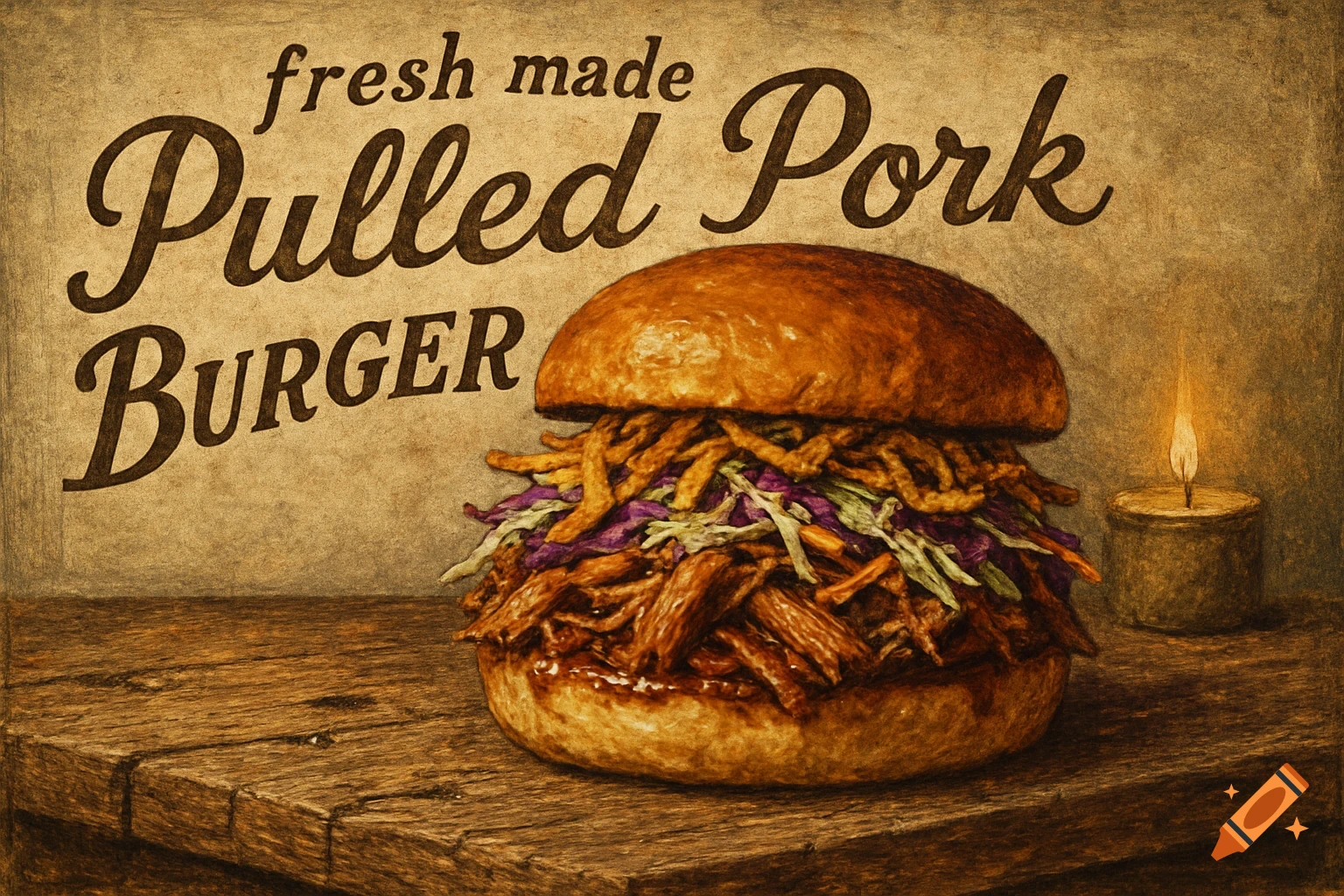 A vintage-style illustration of a pulled pork burger with coleslaw on a wooden table, with text 'fresh made Pulled Pork Burger' above and a lit candle.