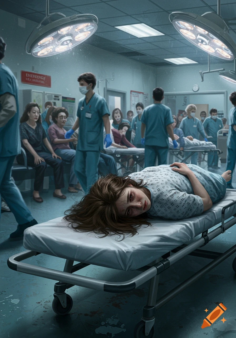A woman in a hospital gown lies on a stretcher, looking distressed, in a crowded, dimly lit emergency room. Artistic illustration.