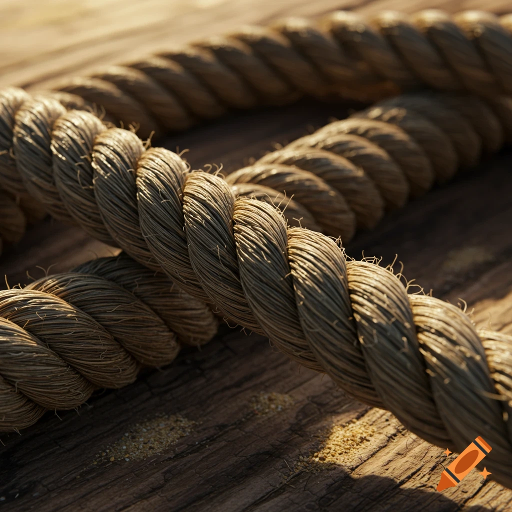 Close-up of a thick, textured rope with multiple strands twisted together, lying on a wooden surface with scattered sand.