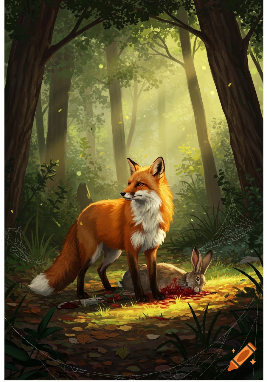 An illustrated fox stands over a dead rabbit in a sunlit forest ...