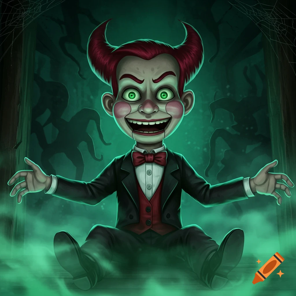 A creepy ventriloquist dummy with red horns and glowing green eyes sits smiling in a misty green, shadowy background.