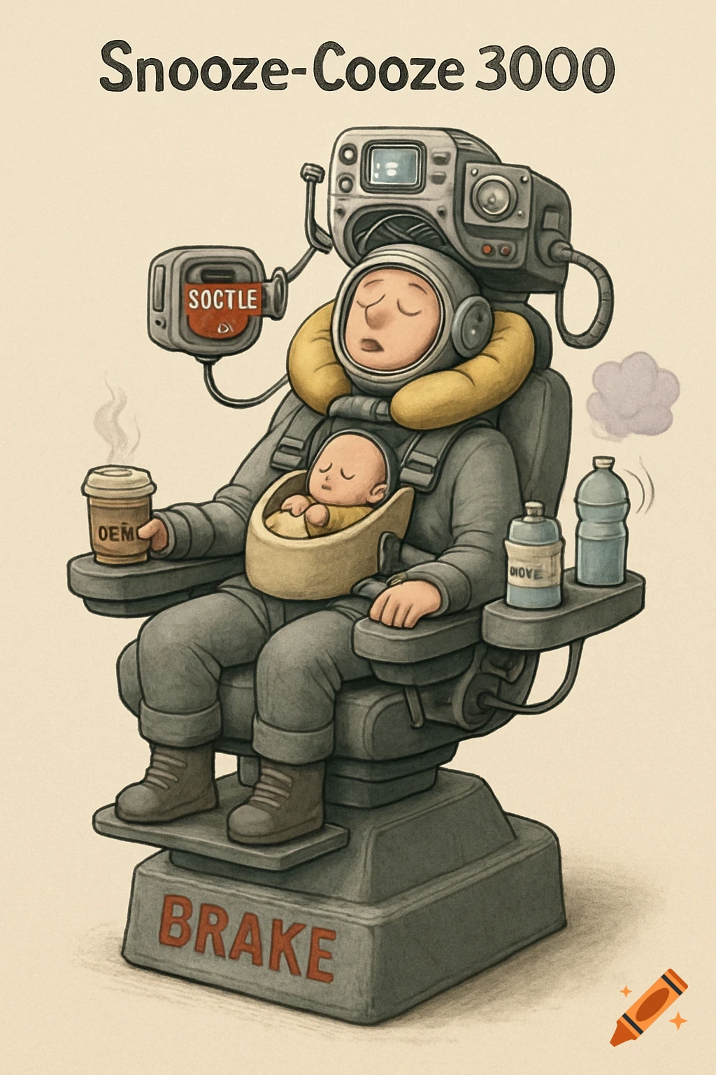 A stylized illustration of a parent in a futuristic "Snooze-Cooze 3000" chair with a baby on their chest, holding a coffee cup, with control panels around them.