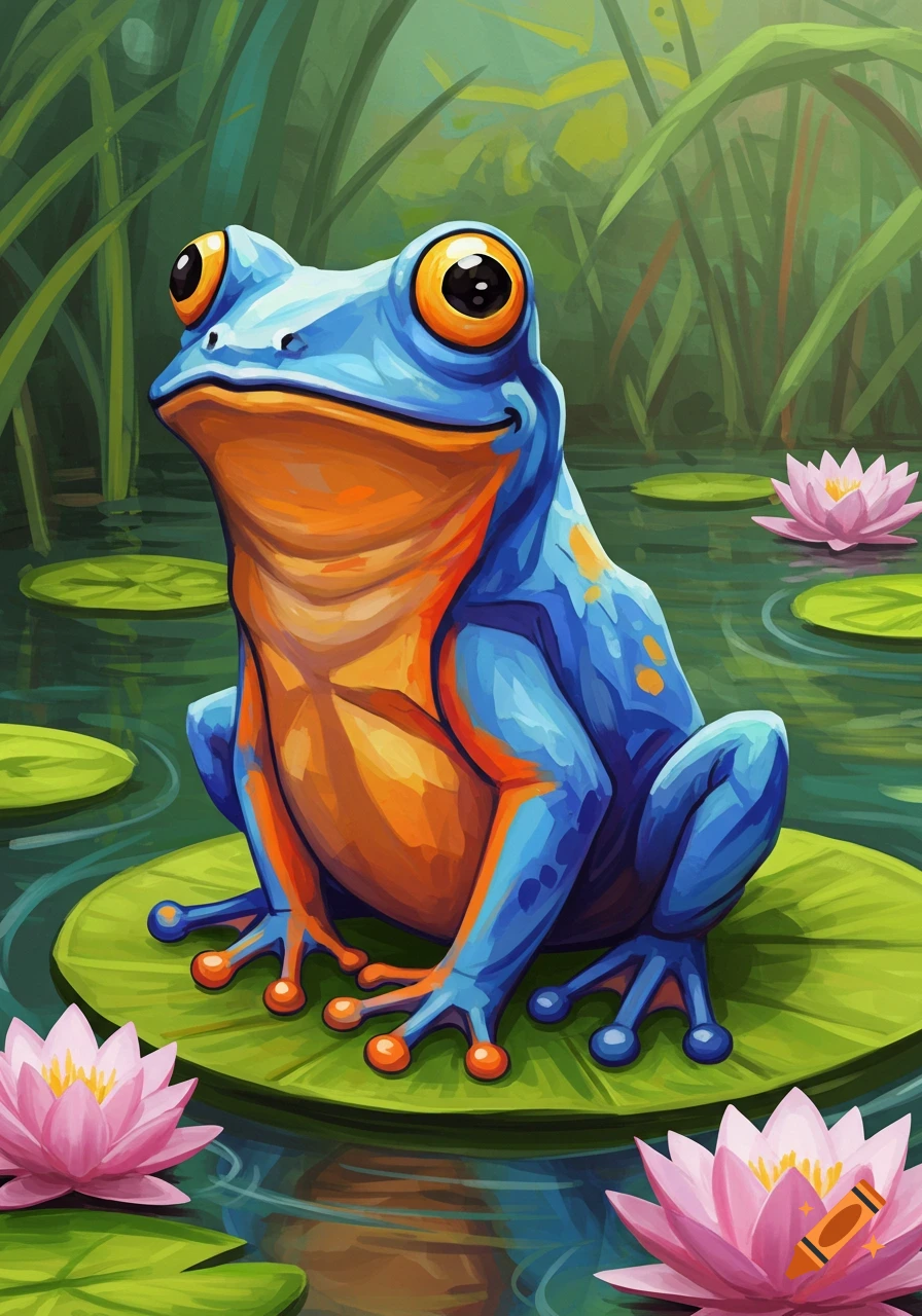 A vibrant blue and orange frog with large orange eyes sits on a green lily pad in a pond with pink water lilies, painted in an expressive, stylized manner.