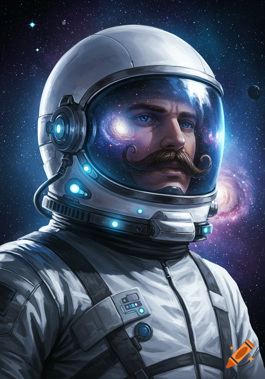A stylized illustration of a spaceman with a prominent mustache, wearing a helmet that reflects galaxies, set against a starry cosmic background.