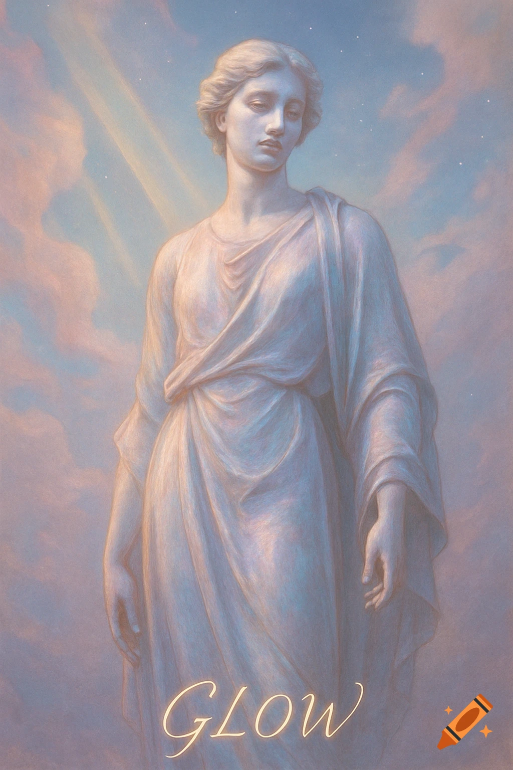 A classical figure draped in white stands against a soft blue and pink sky with rays of light and stars, with 'GLOW' at the bottom.