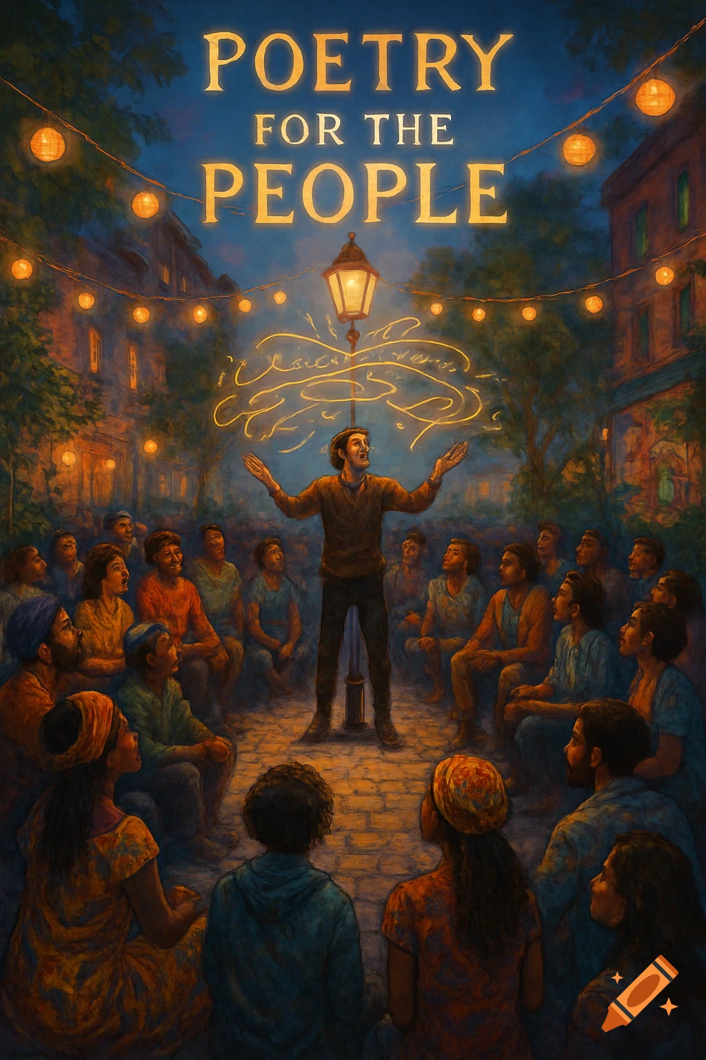 A man recites poetry to a diverse crowd gathered on a street at night, with glowing text 'POETRY FOR THE PEOPLE' overhead. Painterly style.